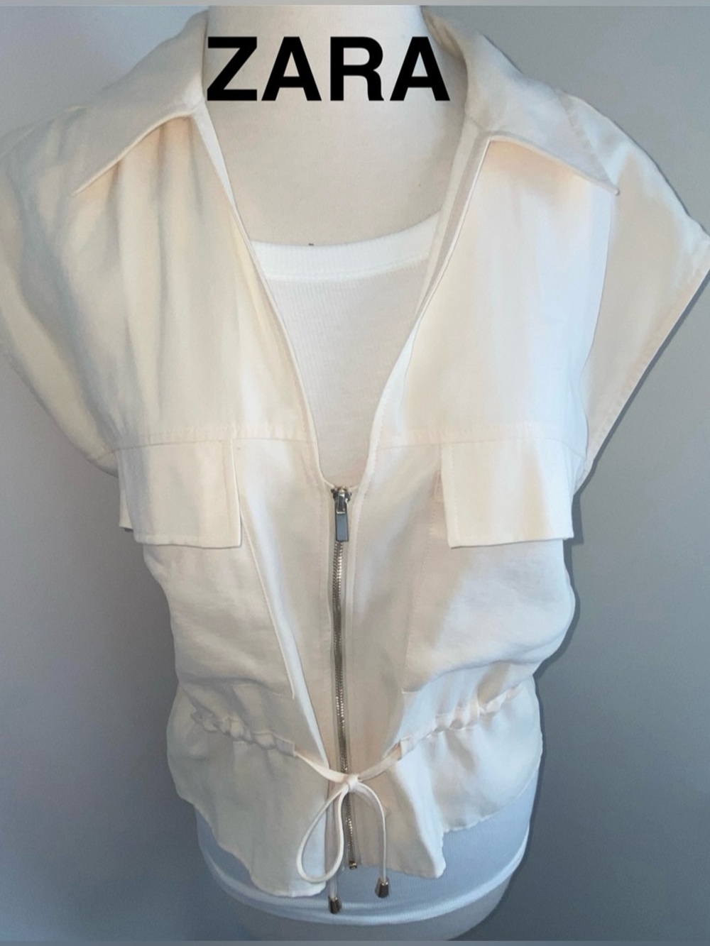 ZARA Light Cream Zip-Front Drawstring Vest - Size L - NEW - Picture 1 of 5